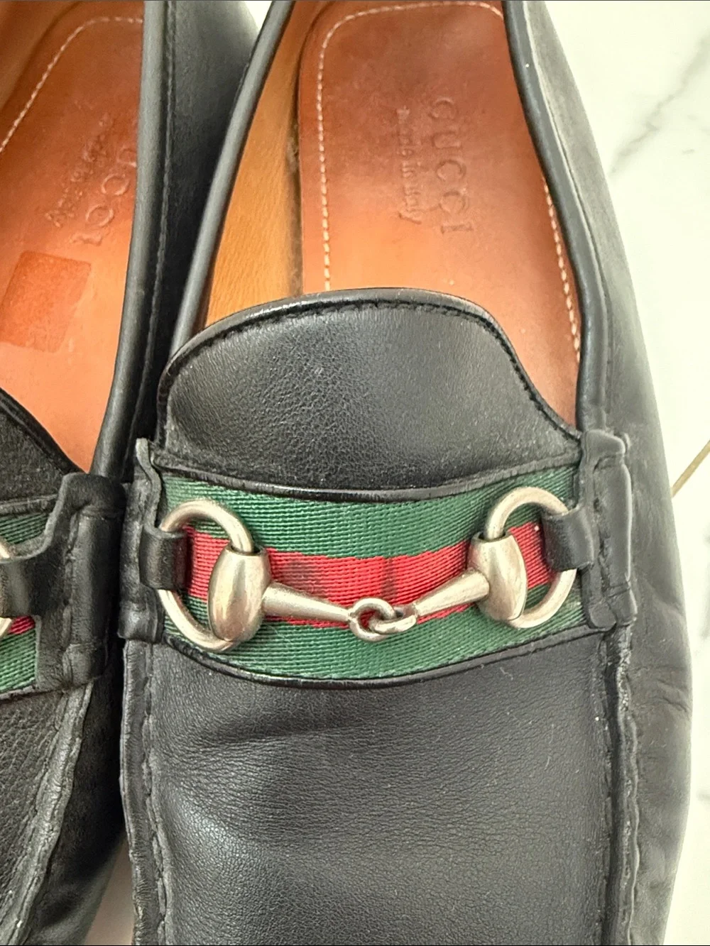 Gucci Black Leather Loafers with Red & Green Web and Silver Horsebit